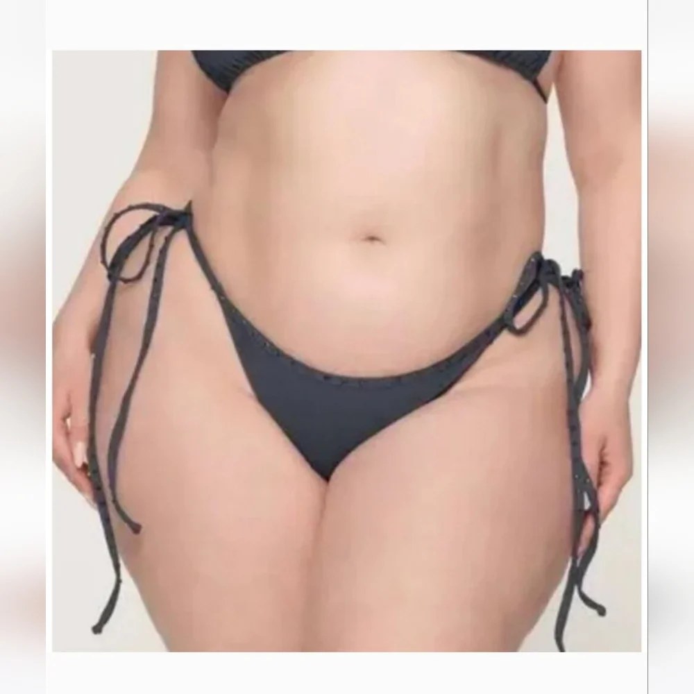 NWT  SKIMS Rhinestone Swim Strappy Tie Bikini Bottom Gunmetal Gray Plus 3X